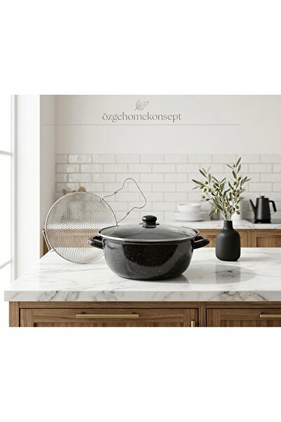 ALEV EMAYE Practical Chip Pot with Enamel, Glass Lid and Strainer, Specially ...