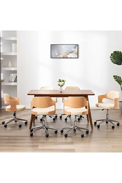 Concept Scaune pivotante de masă, 6 buc., crem, lemn curbat & piele