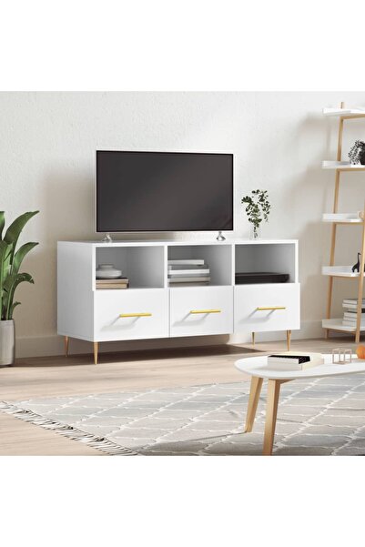 Concept Comodă TV, alb extralucios, 102x36x50 cm, lemn prelucrat