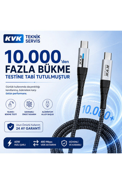 KVK TS LED Göstergeli USB-C to Type-C 60W Hızlı Şarj Kablosu | 3A | 1.2 Metre...
