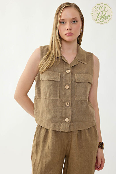 Vitrin 100% Linen Button-Down Shirt with Cover Pockets