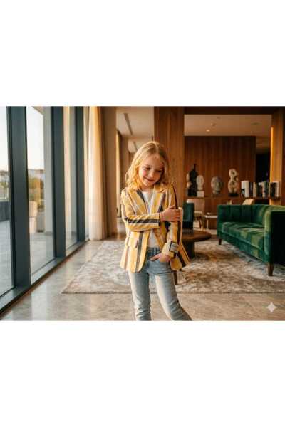Hilal Akıncı Kids Kız Çocuk Renkli Çizgili Logo Detaylı Blazer Ceket