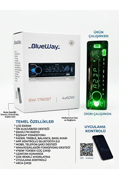 Blueway BW-1780BT 7 Renkli Ekran-Bluetooth-Çift Amfi Çıkışlı Oto Teyp
