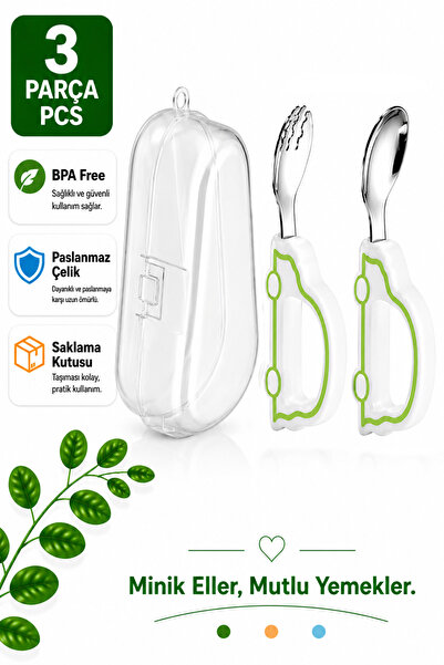 jojobebek Green Figured Premium Children's Bpa-Free Silicone Handle Stainless...