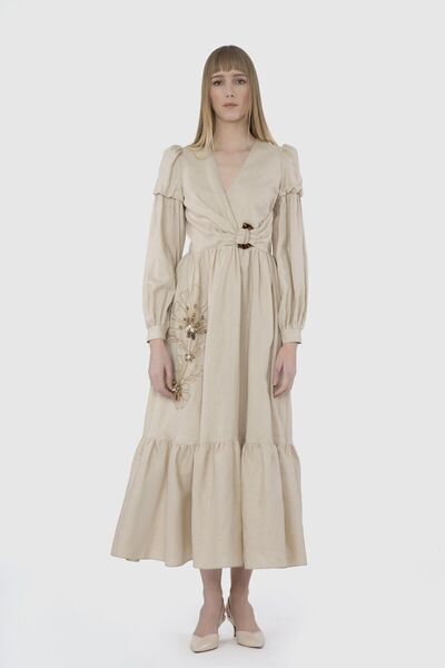 GİZİA Embroidered Long Linen Dress with Buckle Detail