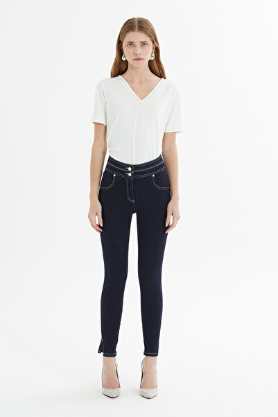kı.we Kontrast Dikiş Ve Çift Kemer Detaylı Yırtmaçlı Slim Fit Denim Pantolon