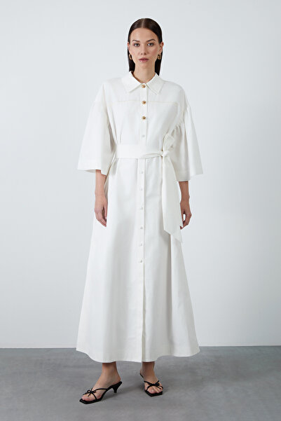 Button Detailed Poplin Maxi Dress with Belt