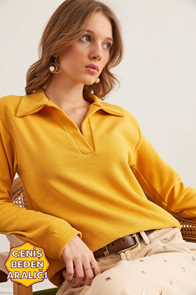 Olalook Kadın Hardal Polo Yaka Selanik Bluz BLZ-19002810