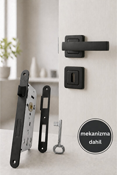 Merkezoğlu Mat Siyah Kare Rozetli Oda Kapı Kolu Tam Set – 40 mm – Sessiz Kilitli