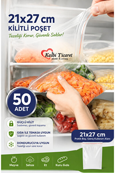 Kalbi Ticaret Kilitli Torba 21x27 Cm 50'li Kilitli Buzdolabı Poşeti Şeffaf Na...