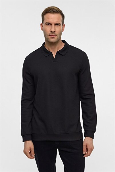 SÜVARİ Siyah Regular Düz Fermuarlı Polo Yaka Sweatshirt