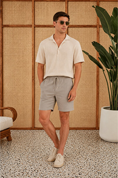 BRACCAS Erkek Beli Lastikli Bağcıklı Keten Karışımlı Slim Fit Jogger Şort Yeşil