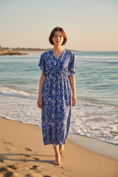 MODA BY KADIN KRUVAZE YAKA DESENLİ DOKUMA VİSKON ELBİSE