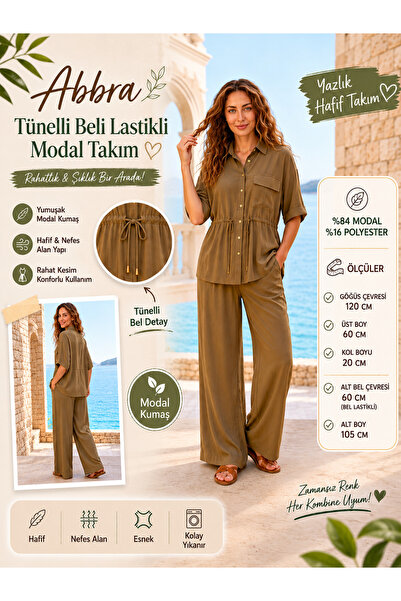 ABBRA Women's Tunneled Elastic Waist Belted Summer Modal Set