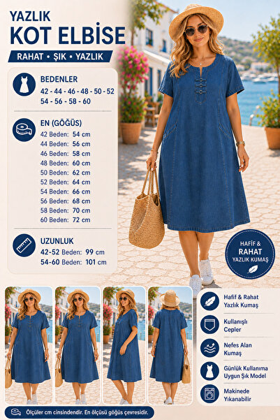 STYLENEST Büyük Beden Kadın Kot Elbise 52-60 Beden Yazlık Salaş Denim Elbise ...