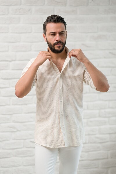 alenmeza Slimfit Fit Collar Buttoned Striped Summer Seersucker Fabric Men's S...