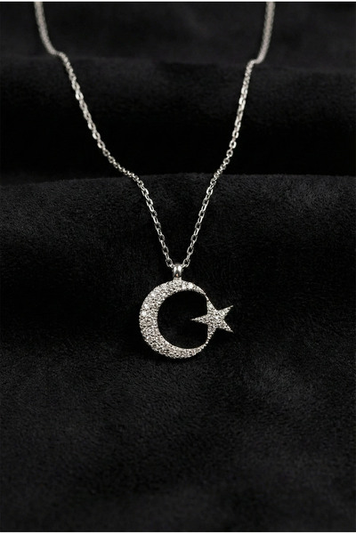 Roza Silver 925 Ayar Zirkon Taşlı Rodyum Ay Yıldız Bayrak Gümüş Kolye