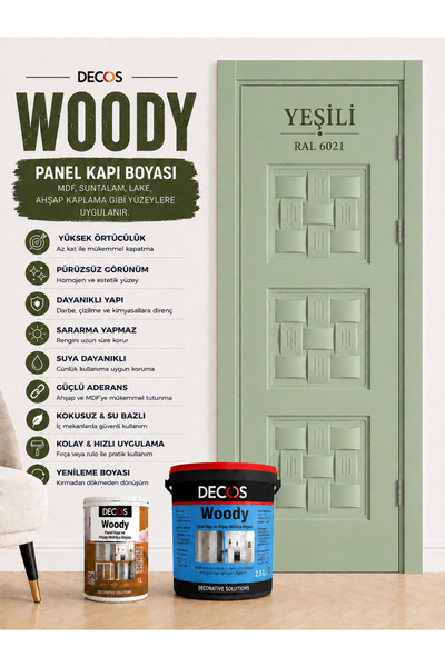 DECOS WOODY - Panel Kapı ve Panel Ahşap Boyası Su Bazlı Kokusuz 8 farklı renk...