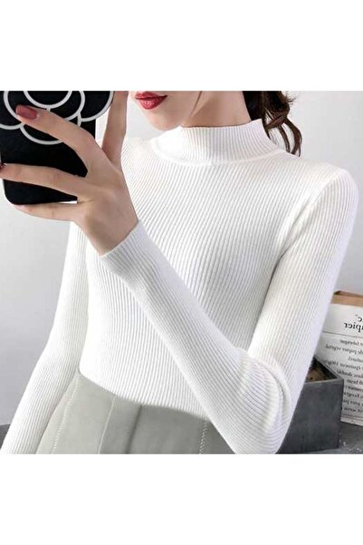 Choice One Size WHITE Autumn Winter Mock Neck Women Sweater Vintage Basic Sol...