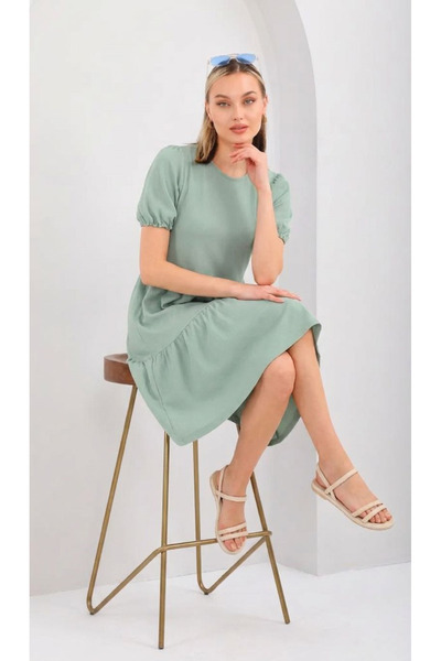 DEVRİMAY TEKSTİL Mint Balloon Sleeve Summer Wrap Dress