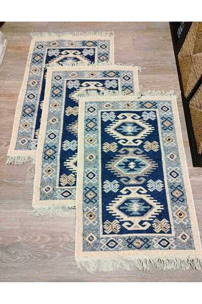 OEM Set de 3 covoare tradiționale țesute, față-verso, 60x90 cm, albastru
