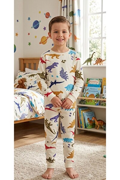 elmas kids Σετ πιτζάμες για αγόρι 100% βαμβακερό εκρού με μοτίβο δεινοσαύρων ...