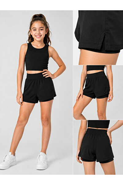 She Can Wear Siyah Boxerlı Yırtmaçlı Siyah Paraşüt Şort