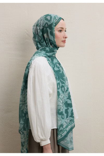 Freshscarfs Yeşil Leone Desen İpek Krep Şal