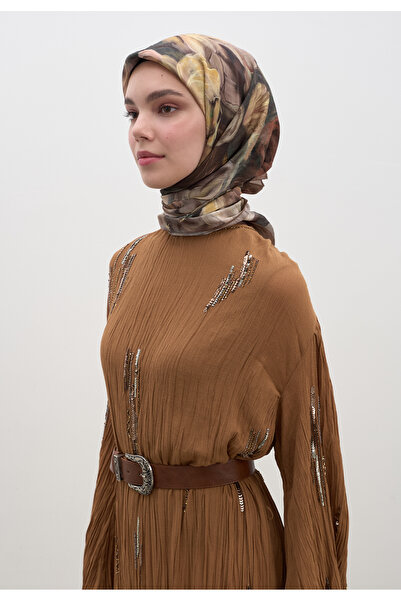 Freshscarfs Καφέ Φουλάρι από βαμβάκι και βισκόζη με φλοράλ σχέδιο Midnight