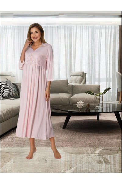 Lohusa Homewear قميص نوم نسائي وردي اللون بتفاصيل دانتيل وتصميم أنيق بنصف كم ...
