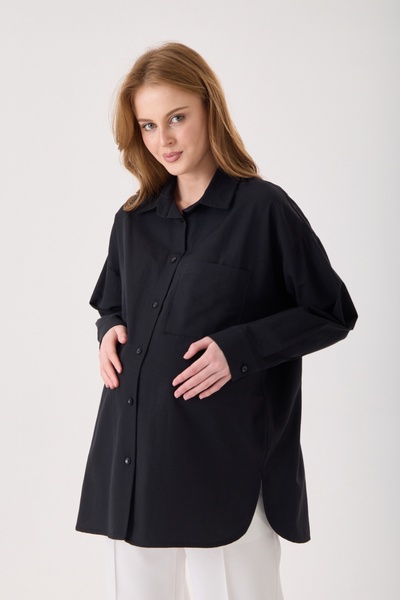 KATLİN MATERNİTY WEAR Hamile Oversize Fit Black Poplin Fabric Shirt with Sing...