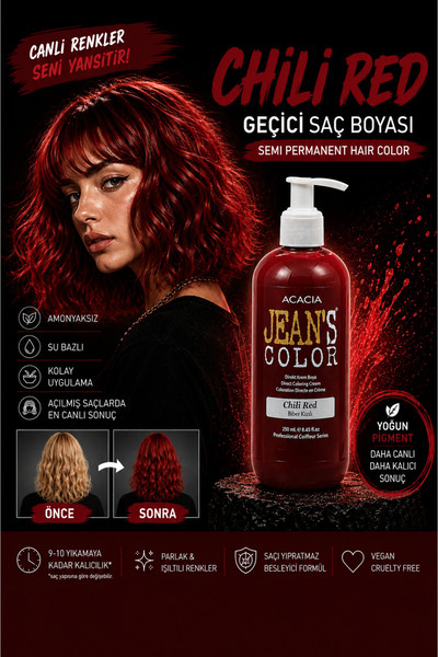 jeans color Amonyaksız Renkli Saç Boyası Biber Kızılı 250ml. Kokusuz Su Bazlı...