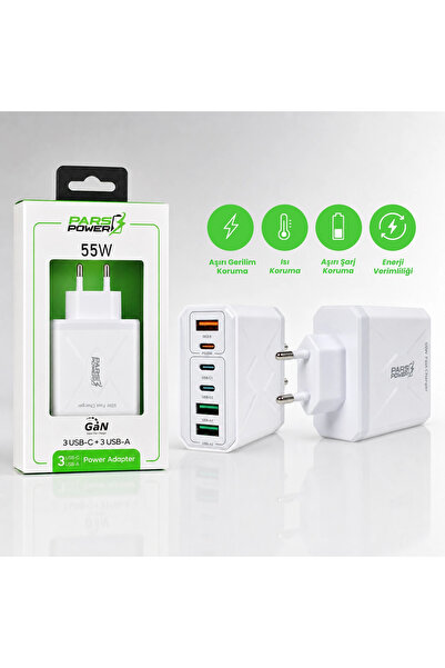 ParsPower Pars Power 55W Çoklu 5 Çıkış Hızlı Pd - Gan Adaptör Şarj Aleti-Cihazı