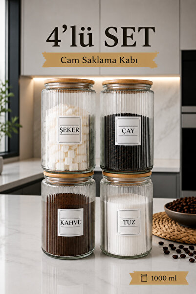 emdeco 4'lü Ahşap Kapaklı Etiketli Çay Şeker Kahve Tuz Cam Kavanoz Saklama Ka...