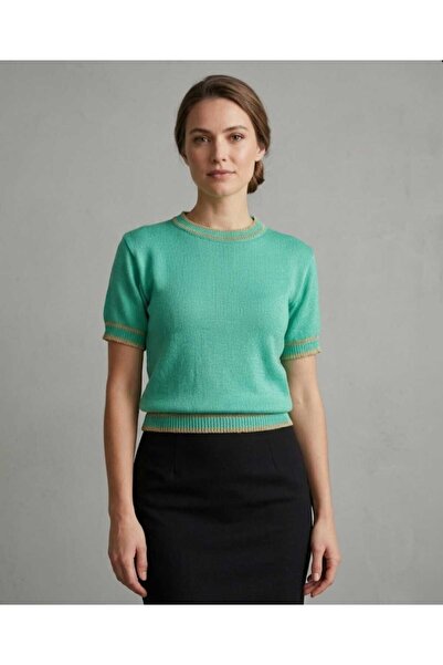 EGEMS Women's Turquoise Short-Sleeved Striped Shiny Stylish Summer Sweater