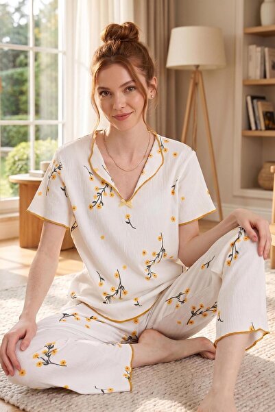 ELİTOL Bürümcük Knitted Short Sleeve Women's V-Neck Pajama Set