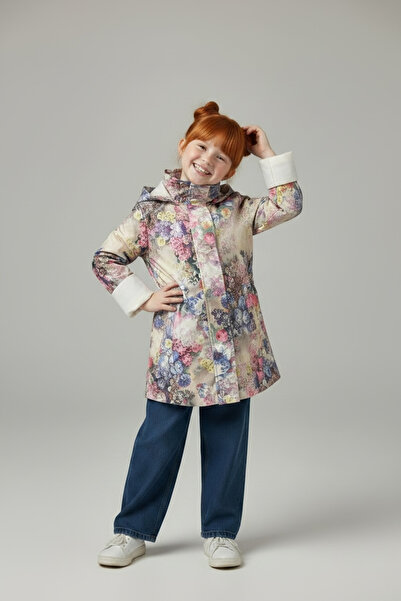 Pitti Κοριτσίστικο αδιάβροχο με κουκούλα μπλε ροζ λουλουδάτο με φερμουάρ 9260