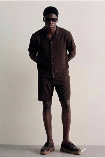 DAMGA JEANS Men's Summer Linen Shirt Elastic Waist Shorts Brown Two-Piece Set