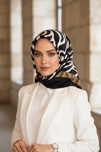 Vissona Κασκόλ 90x90 από 100% μετάξι Twill με σχέδιο ζέβρας, μαύρο και άσπρο....