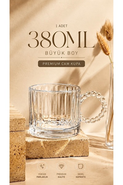 Maloria Boncuk Kulplu Lüks Kristal Büyük Şeffaf Çay Fincanı | Tekli - 380ml