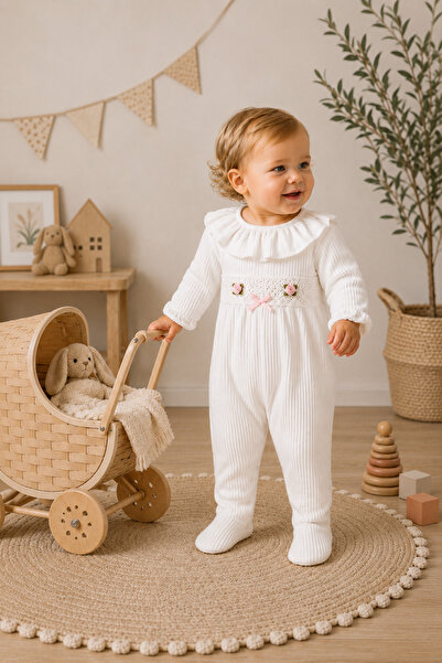 Elo Ecru Baby Girl Jumpsuit with Ruffled Collar and Knitted Detail on the Hat