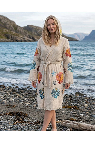 Luppio Kapüşonlu Beachwear %100 Pamuklu Mercan Desen Müslin Kimono