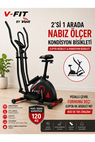 Voit V-FIT By Voit 2'si 1 Arada Nabız Ölçer Eliptik ve Kondisyon Bisikleti, 1...