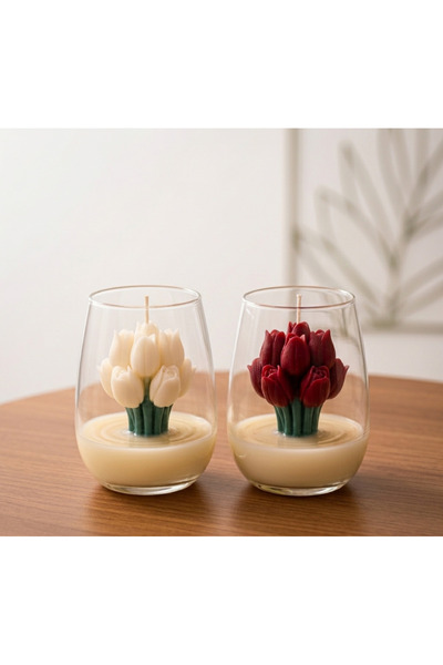 beyra decor Kırmızı Beyaz Lale Mum İkili Set - Cam Bardakta Dekoratif Çiçek M...