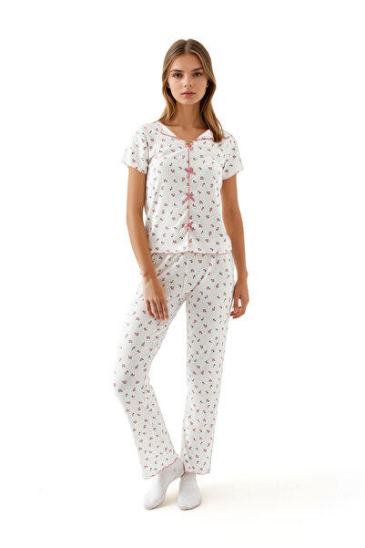 Ecrou Ekru Kaşkorse Çiçek Desenli Pijama Takım
