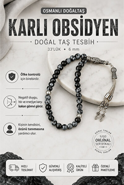 OSMANLI DOĞAL TAŞ Karlı Obsidyen Doğal Taş Tesbih 33lük - 6mm