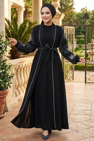 Neva Style Balon Kol Siyah Tesettür Abiye Elbise 42751S