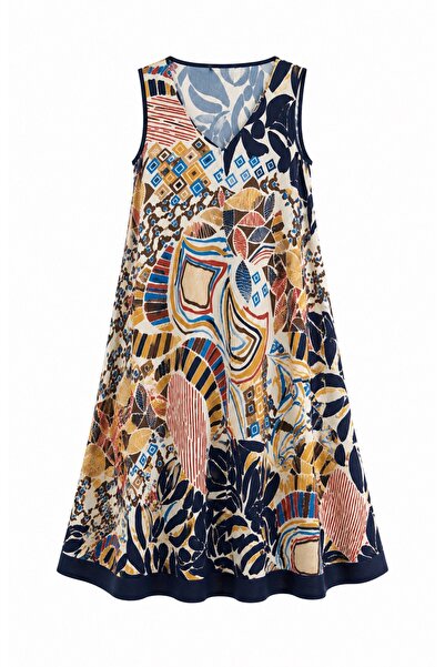 Zelish My Sister Navy Blue Mosaic Patterned V-Neck Dress