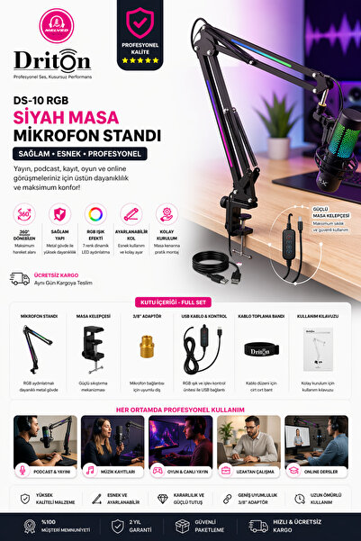 DRİTON DS-10S SİYAH PRO RGB Profesyonel Oyuncu ve Yayıncı Mikrofon Masa Standı