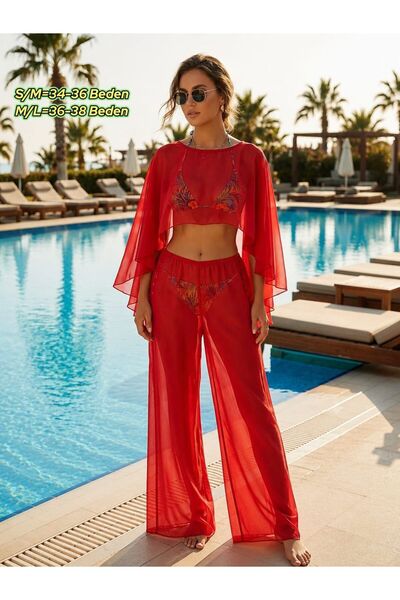 MODA KIRMIZI ŞİFON KUMAŞ TRANSPARAN İKİLİ TAKIM